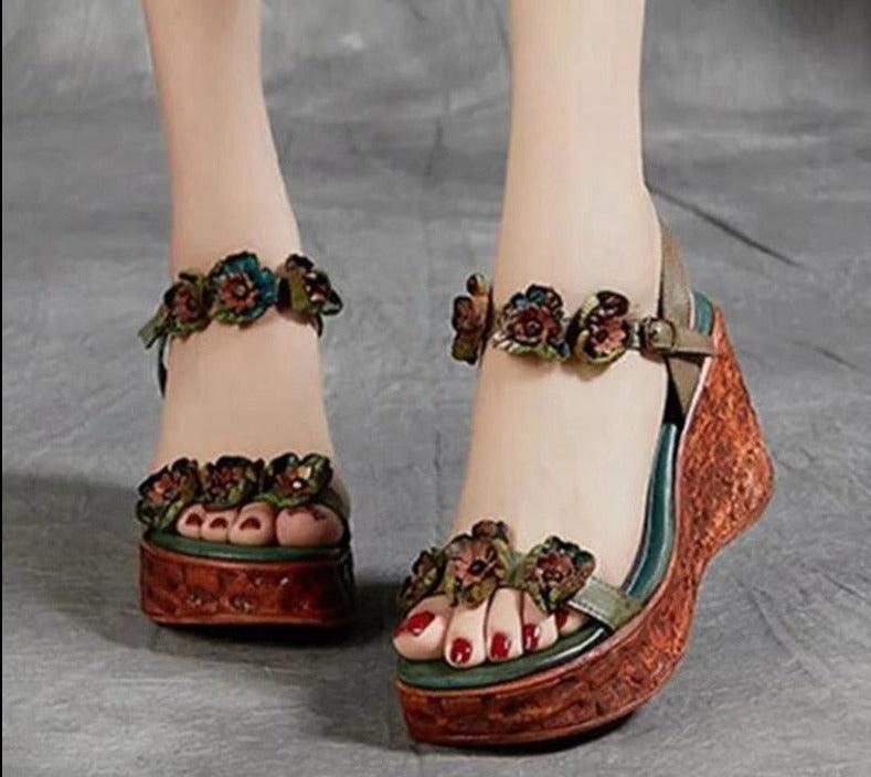 Floral PU Leather Wedge Sandals - Wedge Shoes - LeStyleParfait Kenya