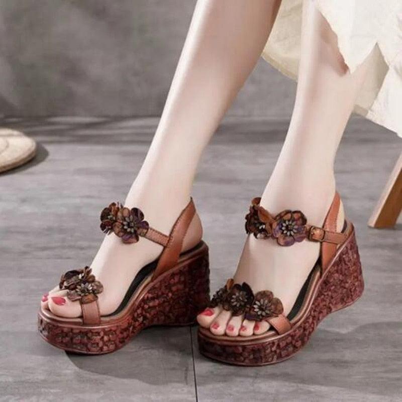 Floral PU Leather Wedge Sandals - Wedge Shoes - LeStyleParfait Kenya