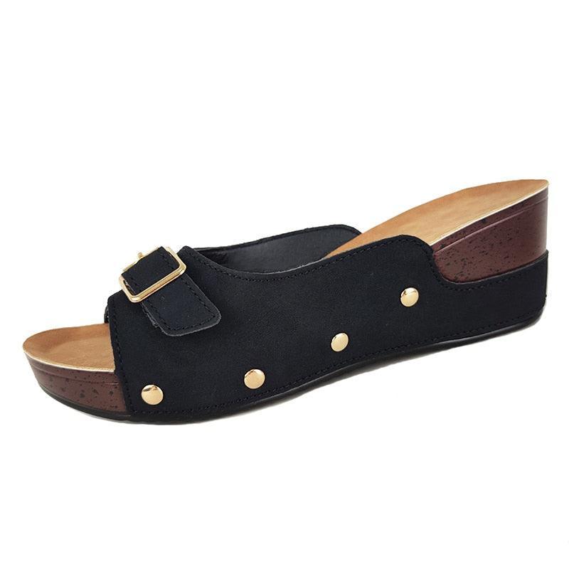 Front Buckle Low Wedge Sandals - Wedge Shoes - LeStyleParfait Kenya