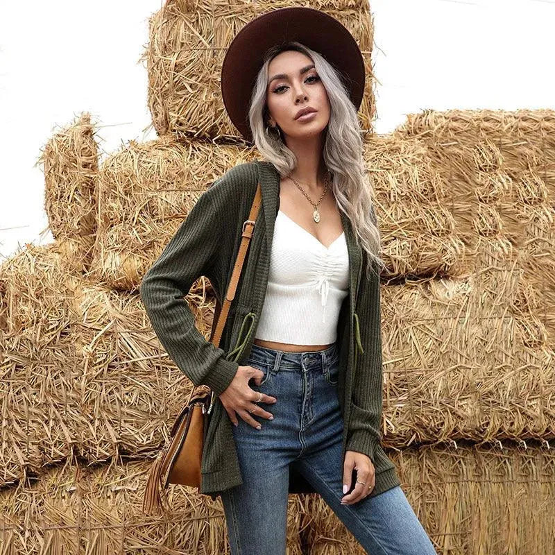 LeStyleParfait Women's Sweaters Casual Cardigan Plain-Solid Hood Long Sleeves-Cardigan Sweater