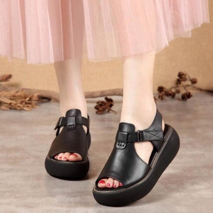 Leather Open-Toe Wedge Sandals - Wedge Shoes - LeStyleParfait Kenya