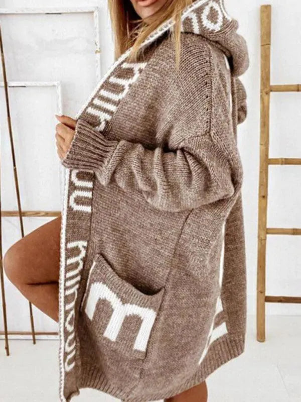 Long Hooded Letter Print Women Cardigan - Cardigan Sweater - LeStyleParfait