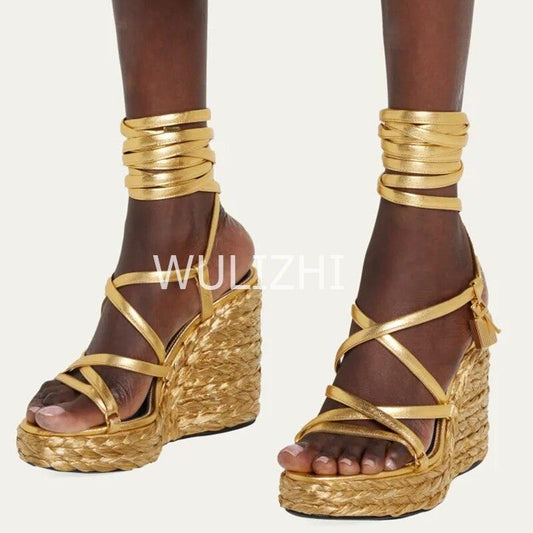Open Toe Long Strap Wedge Sandals - Wedge Shoes - LeStyleParfait Kenya
