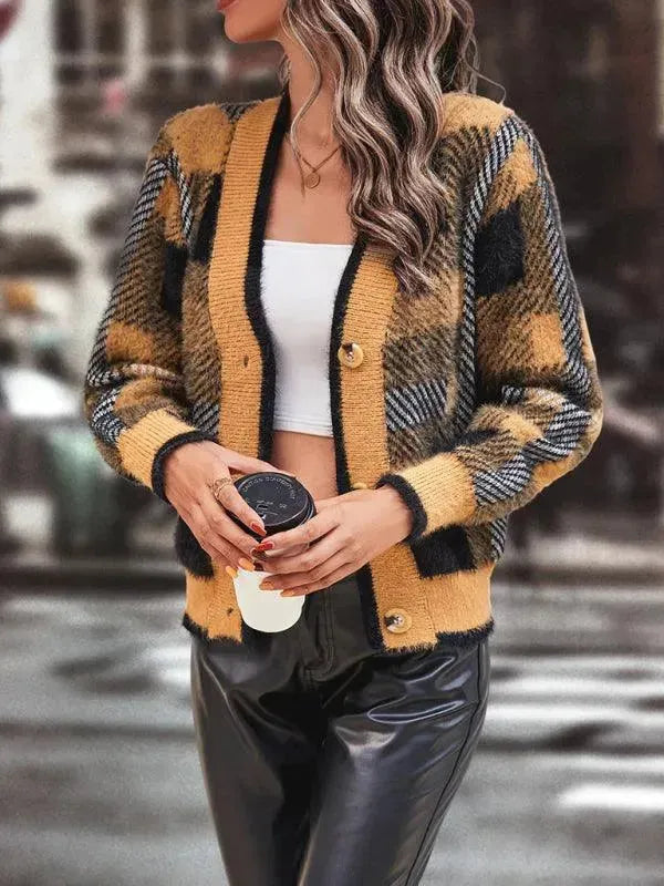 Plaid Button Women Cardigan Sweater - Cardigan Sweater - LeStyleParfait