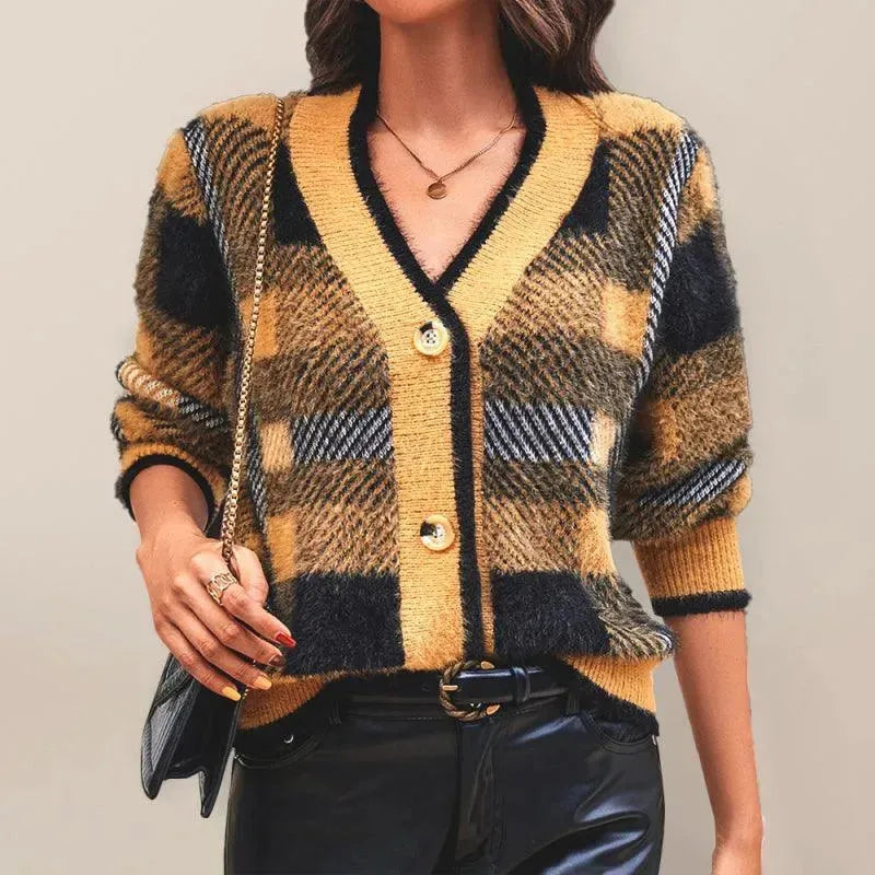 Plaid Button Women Cardigan Sweater - Cardigan Sweater - LeStyleParfait