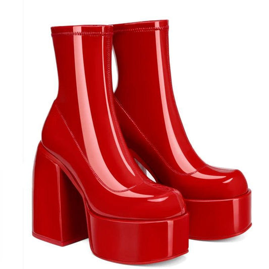 Red Chunky Block Platform Boots - Wedge Shoes - LeStyleParfait Kenya
