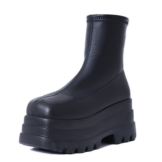 Square-Toe Platform Leather Boots - Wedge Shoes - LeStyleParfait Kenya