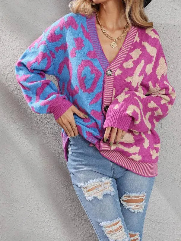 LeStyleParfait Women's Sweaters Casual Cardigan Patchwork V-Neck Long Sleeves-Cardigan Sweater