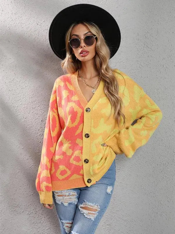 LeStyleParfait Women's Sweaters Casual Cardigan Patchwork V-Neck Long Sleeves-Cardigan Sweater