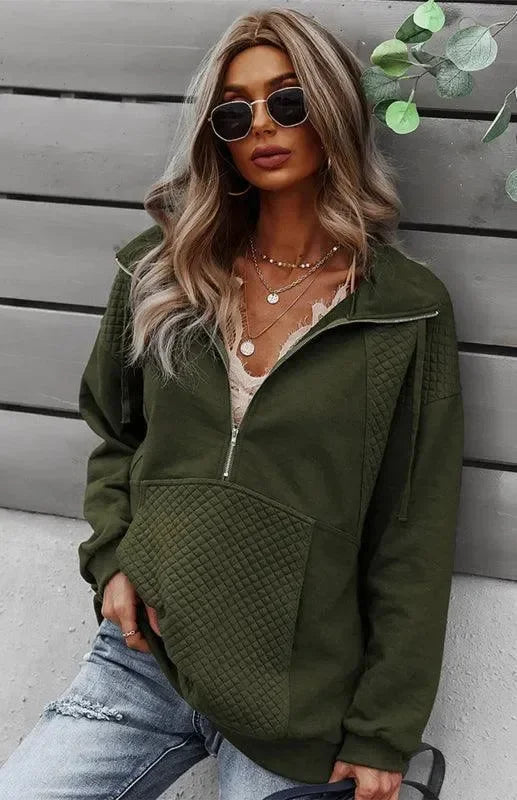 Women Regular Checked Zip-Up Sweatshirt Essential Fit-Women Sweatshirt-LeStyleParfait