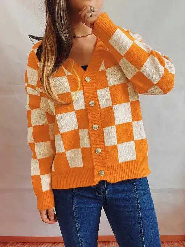 Women’s Checkered V-Neck Cardigan Sweater – Button Knit