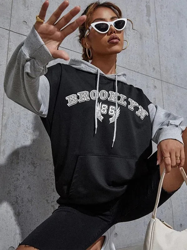 Women's Colorblock Printed Letter Hooded Sweatshirt-LeStyleParfait