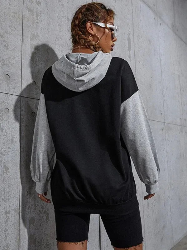 Women's Colorblock Printed Letter Hooded Sweatshirt-LeStyleParfait