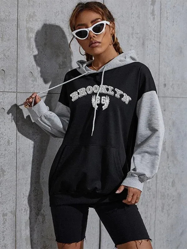 Women's Colorblock Printed Letter Hooded Sweatshirt-LeStyleParfait