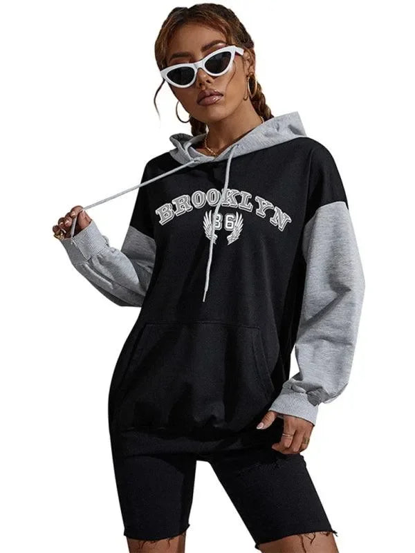 Women's Colorblock Printed Letter Hooded Sweatshirt-LeStyleParfait