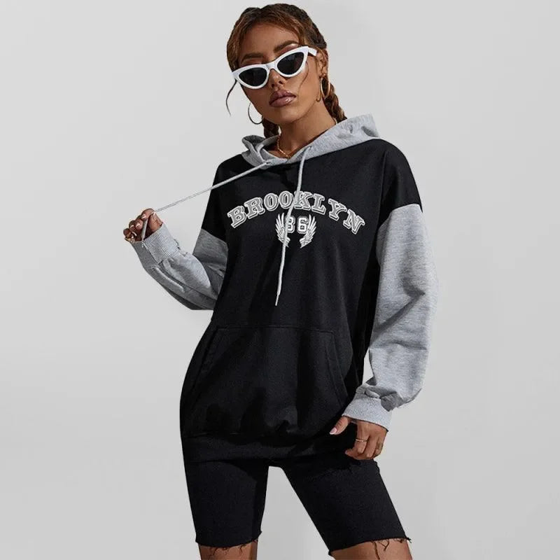 Women's Colorblock Printed Letter Hooded Sweatshirt-LeStyleParfait