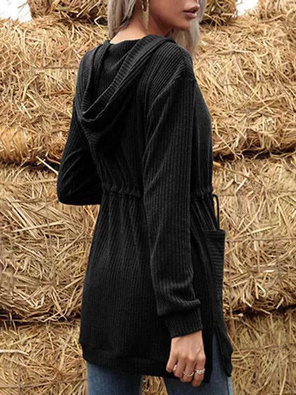 Women’s Lace-Up Hooded Cardigan Sweater – Longline Knit