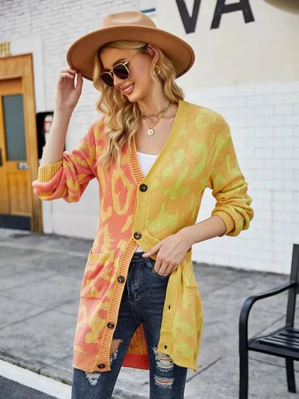 Women’s Leopard Knit Cardigan Sweater – V-Neck Button Style