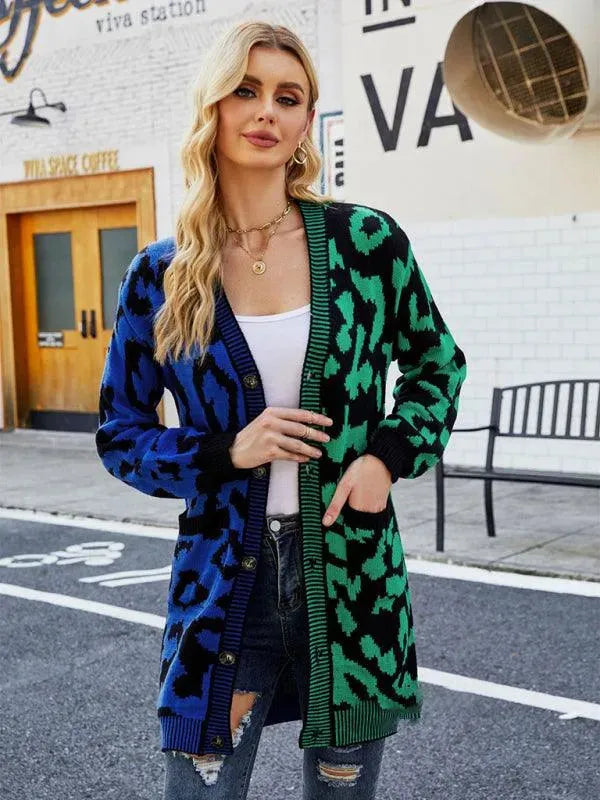 Women’s Leopard Knit Cardigan Sweater – V-Neck Button Style