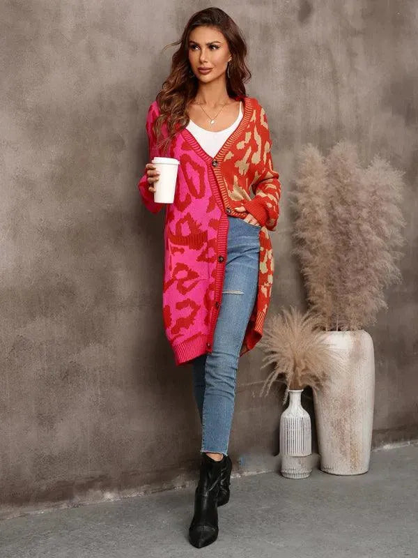 Women’s Leopard Knit Cardigan Sweater – V-Neck Button Style