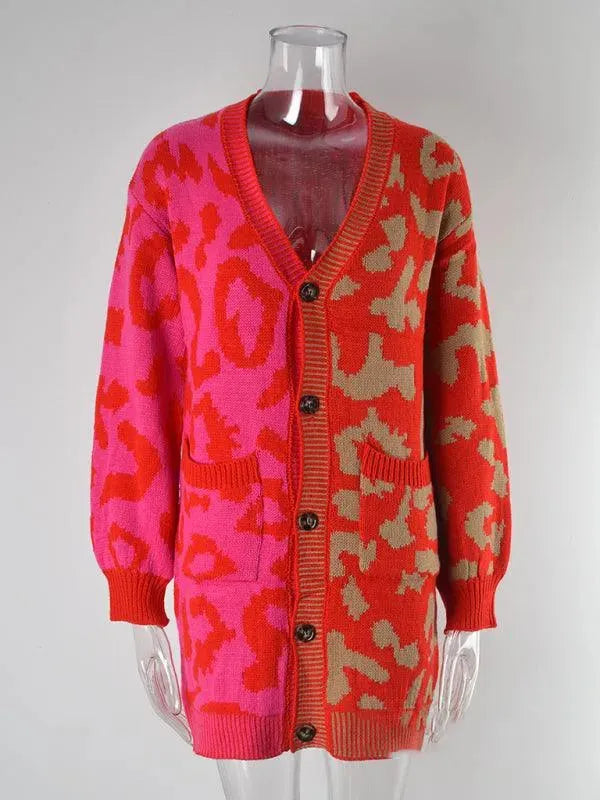 Women’s Leopard Knit Cardigan Sweater – V-Neck Button Style