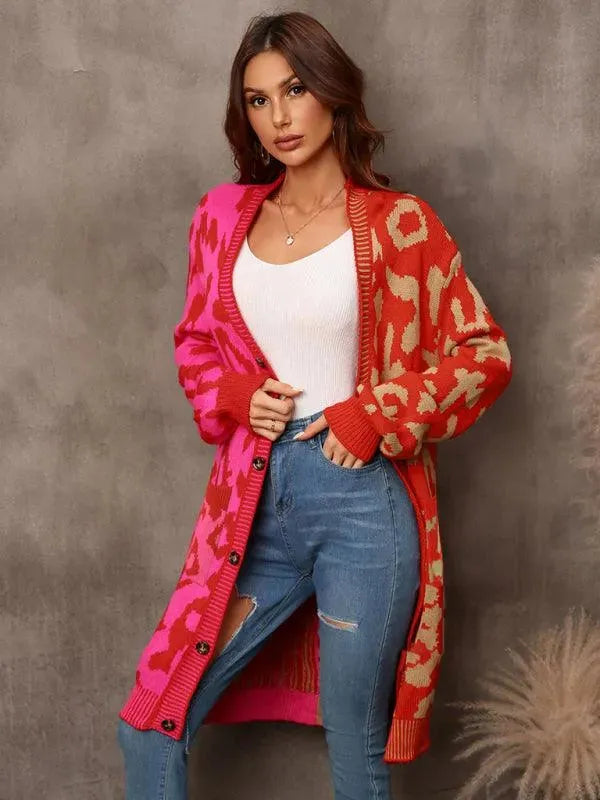 Women’s Leopard Knit Cardigan Sweater – V-Neck Button Style