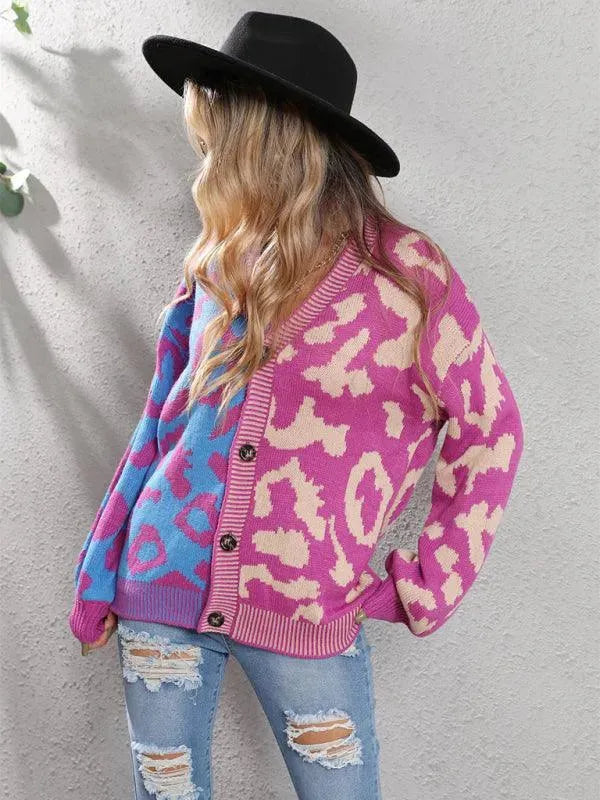 Women’s Oversized Leopard Cardigan Sweater – V-Neck Knit