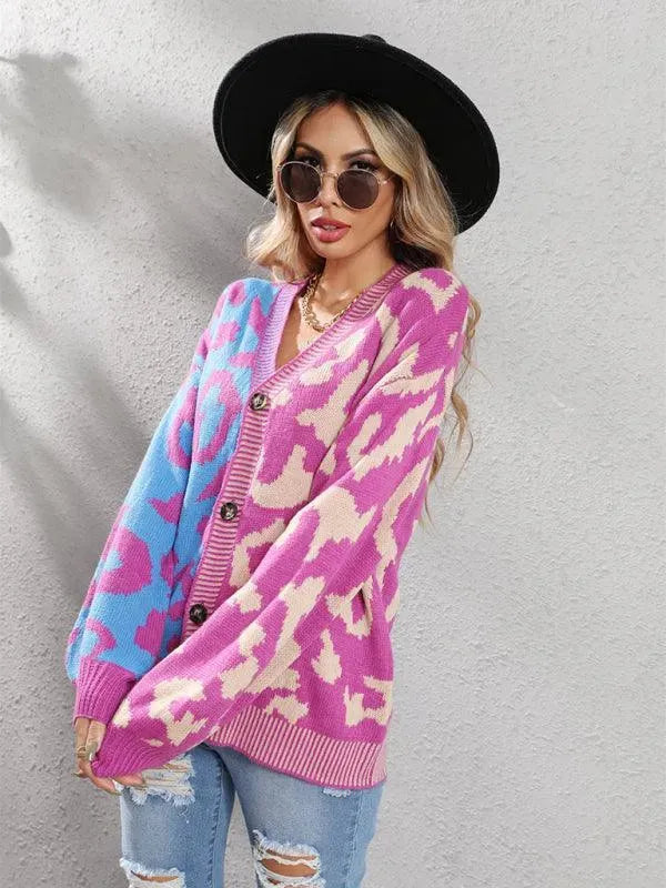 Women’s Oversized Leopard Cardigan Sweater – V-Neck Knit