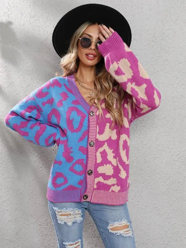 Women’s Oversized Leopard Cardigan Sweater – V-Neck Knit
