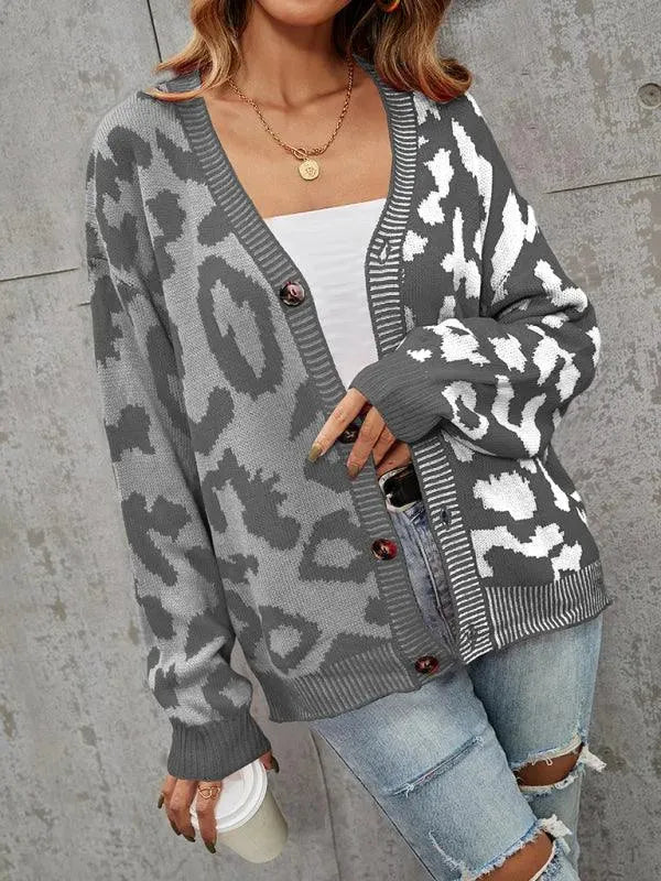 Women’s Oversized Leopard Cardigan Sweater – V-Neck Knit