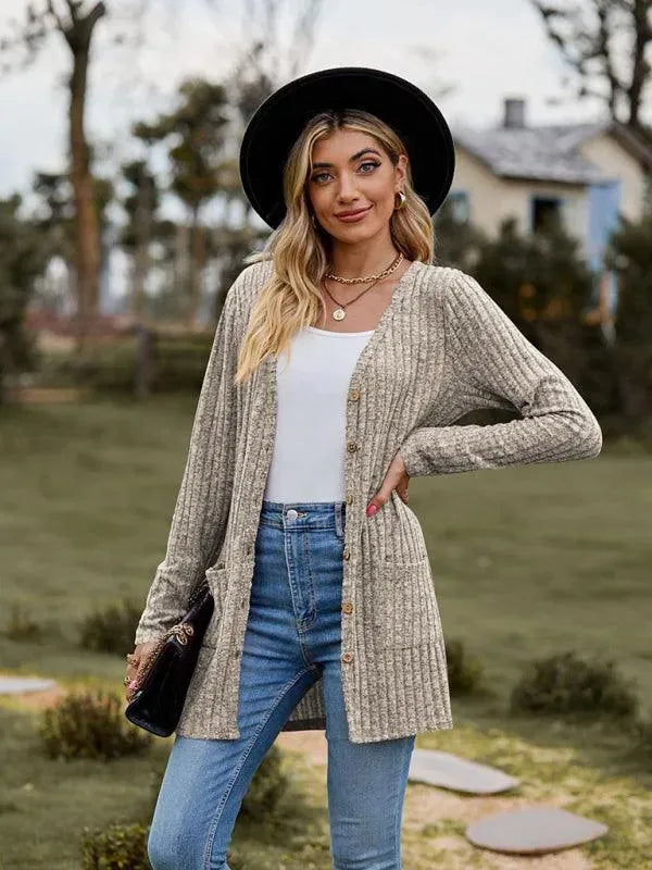Women’s Textured Longline Cardigan Sweater – V-Neck Button Knit